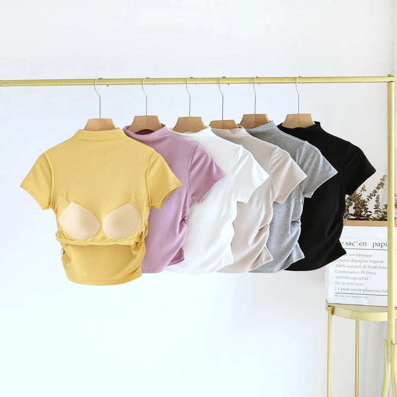 Modal Turtleneck Short Sleeves Chest Pad Base Shirt Women's Slim Underwear Spring and Summer Sleepwear Pajamas One Piece Top
