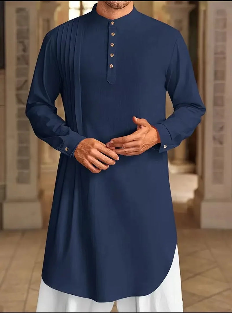 2026 Summer New Style Men's Long Cotton Shirt, Middle Eastern Arab Muslim Robe, Available in White, Black, Blue and Green.