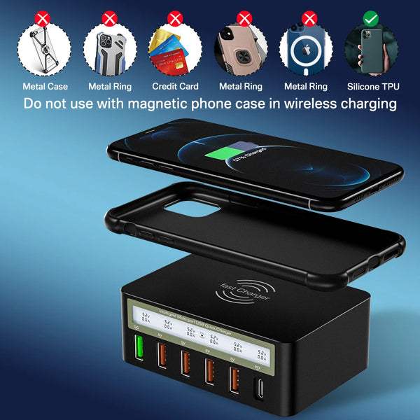 ឆ្នាំងសាក USB 6 រន្ធ សាកលឿន ឆ្នាំងសាកឥតខ្សែ អាដាប់ទ័រឆ្នាំងសាកលឿន USB C PD ឆ្នាំងសាកទូរស័ព្ទ សម្រាប់ iPhone 13 12 11 Samsung Huawei
