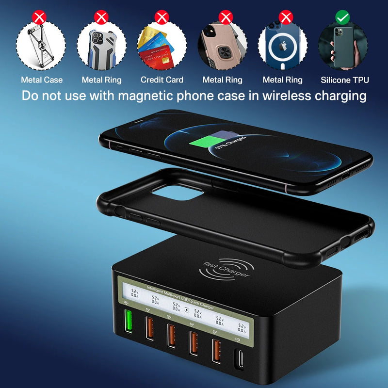 ឆ្នាំងសាក USB 6 រន្ធ សាកលឿន ឆ្នាំងសាកឥតខ្សែ អាដាប់ទ័រឆ្នាំងសាកលឿន USB C PD ឆ្នាំងសាកទូរស័ព្ទ សម្រាប់ iPhone 13 12 11 Samsung Huawei