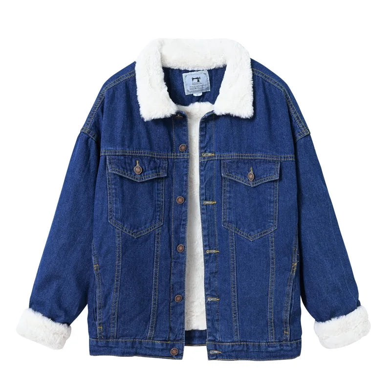 2026 Winter Deep Blue Women's Fleece-Lined Thickened Denim Jacket, Shearling-Lined Warm Casual Jacket. European Sizes S-XXXL