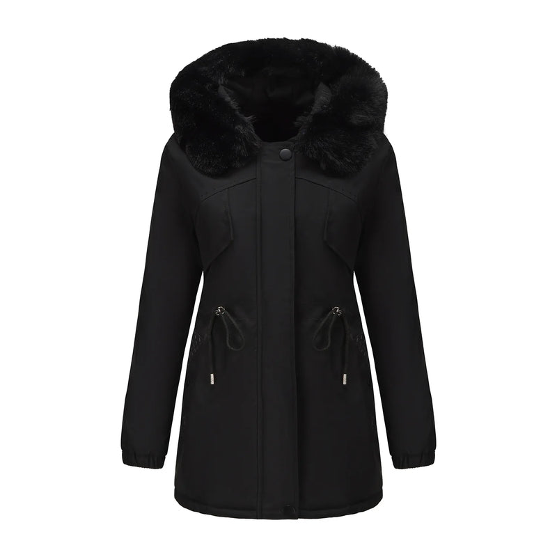 Women's Beige Mid-length Thick Jacket, Blue Knee-length Parka, Fitted Fur-trim Casual Overcoat, Stylish and Warm Trench Coat.