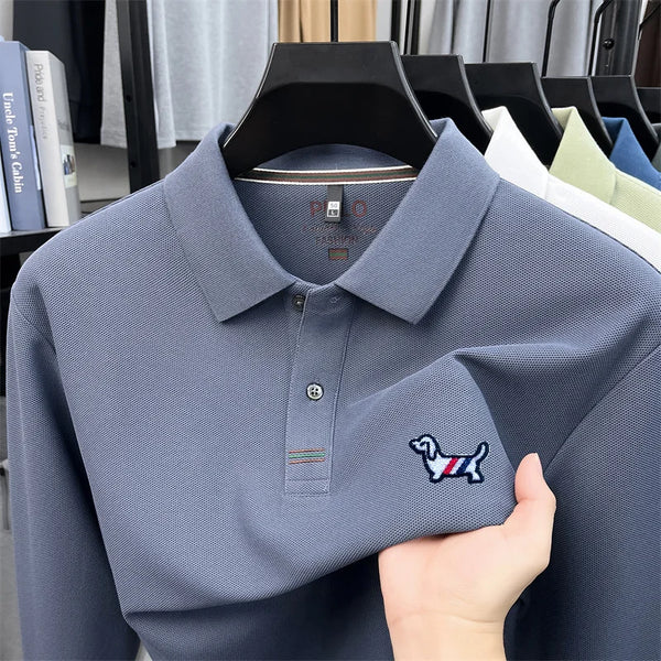 100% Cotton Men Long-Sleeve Polo Shirt Lapel Button Dog Embroidery Breathable Comfortable Autumn Winter Business Casual Menswear