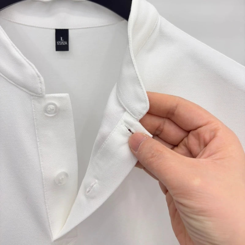 Men Summer Short Sleeve T-Shirt Little Stand Collar Solid Color Casual Loose Tee with Side Split Hem