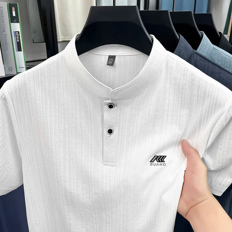Luxury Quality Men Short-Sleeved T-Shirt Mock Neck Button Letter Print Summer Top-Selling T-Shirt Sleeves Leisure Men's Clothing
