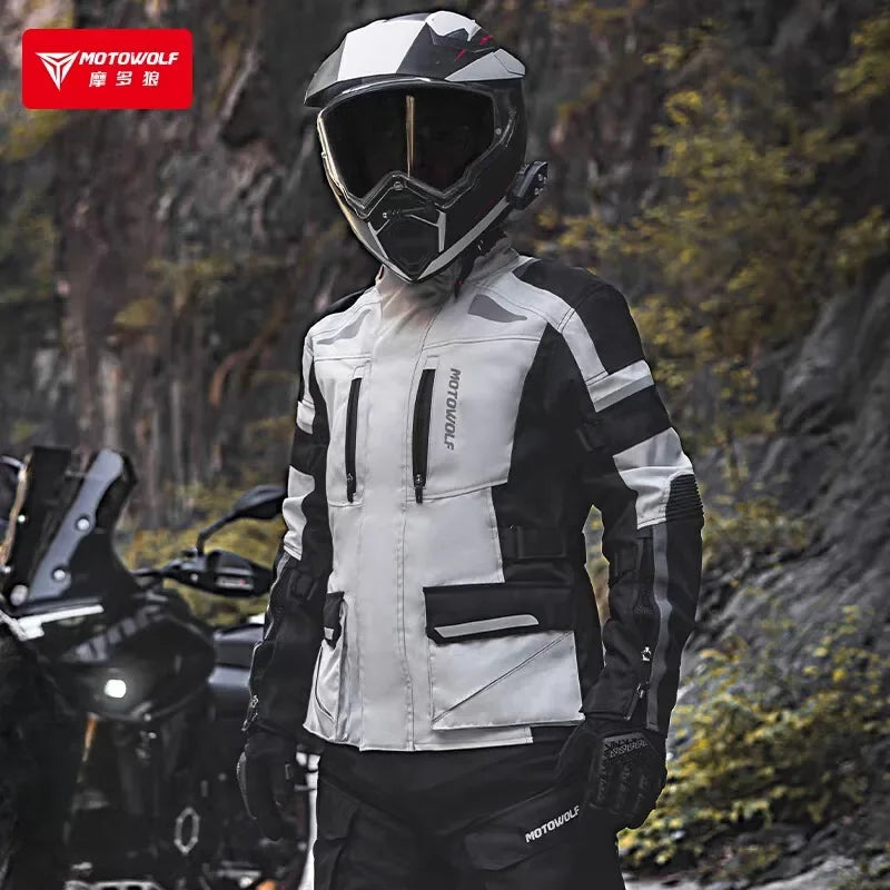 ឈុតអាវក្រៅម៉ូតូបុរស MOTOWOLF សម្រាប់រដូវក្ដៅរដូវស្លឹកឈើជ្រុះ ធន់នឹងការពាក់ពេលជិះម៉ូតូ ងាយស្រួលដកដង្ហើម និងការពារទឹកជ្រាប សម្រាប់ជិះម៉ូតូចម្ងាយឆ្ងាយ