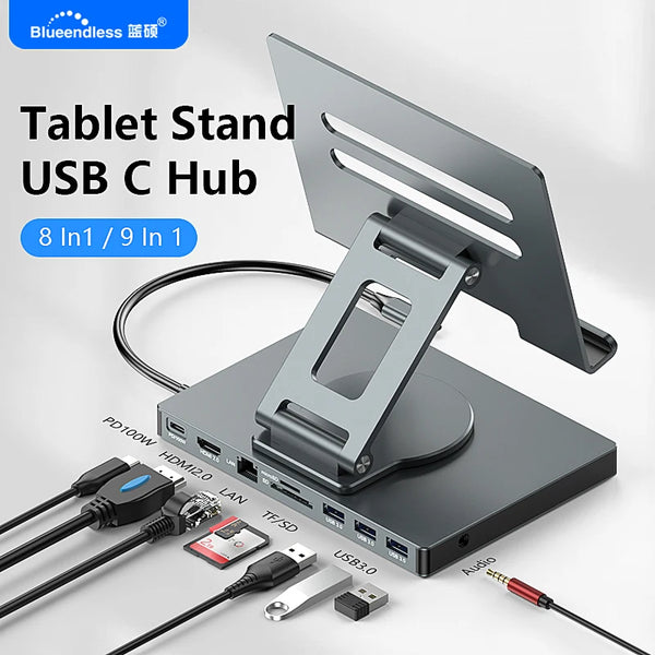 ជើងទម្រ iPad Blueendless USB C Hub 4K 60HZ HD Type-C 100W PD SD/TF Slot Reader USB 3.0 5Gbps 9 ក្នុង 1 Type-C Hub សម្រាប់ដាក់ iPad