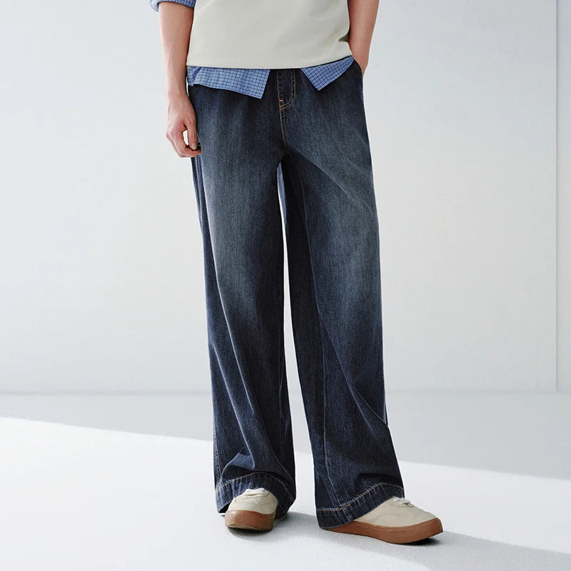 Semir Versatile Jeans Men 2026 Spring Loose Wide Leg Elastic Waist Basic Casual Comfortable Daily Wear Trousers