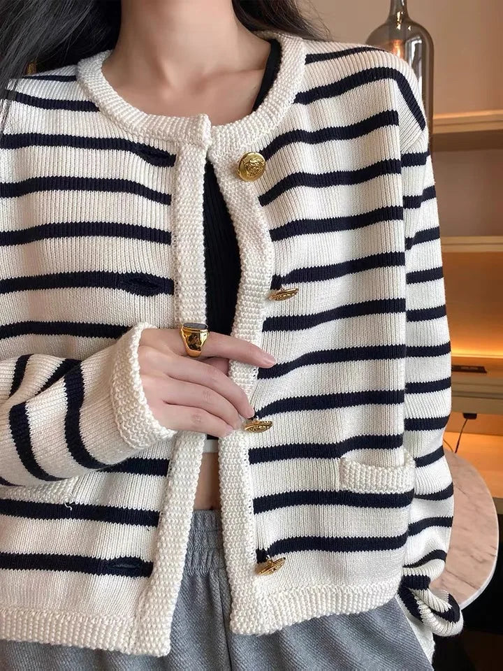 Gold Button Contrast Stripe Long Sleeve Top Small Fragrant Knitted Cardigan Sueter Womens Clothing Spring Autumn Sweater Coat
