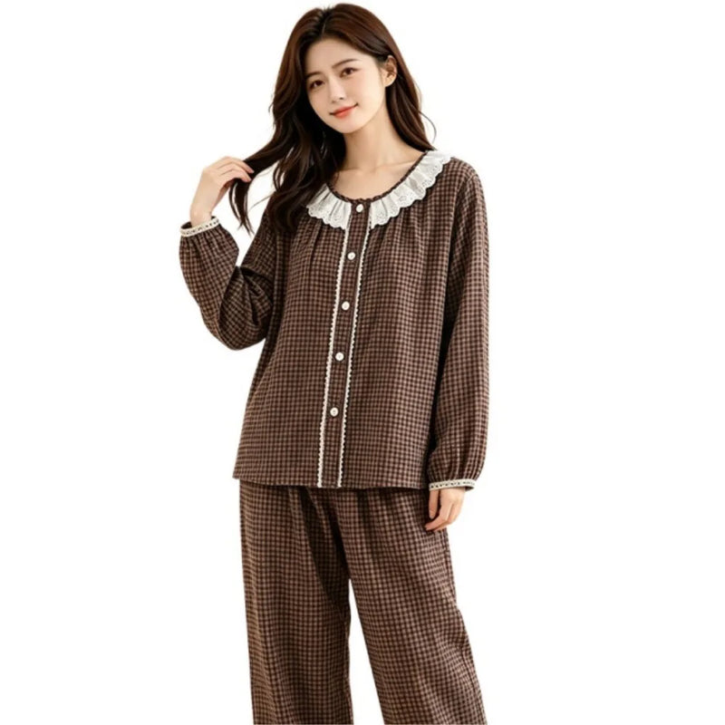 Plaid Sleepwear Women Pajamas Sleep Lounge Female Spring Autumn Long Sleeves Trousers Women’s Loungewear Suit 2-piece Nightwear