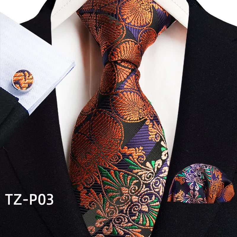 2026 New Men's Jacquard Fabric Tie Set Perfect for Business/Banquets/Formal Wear/Weddings. (Tie + Pocket Square + Cufflinks)