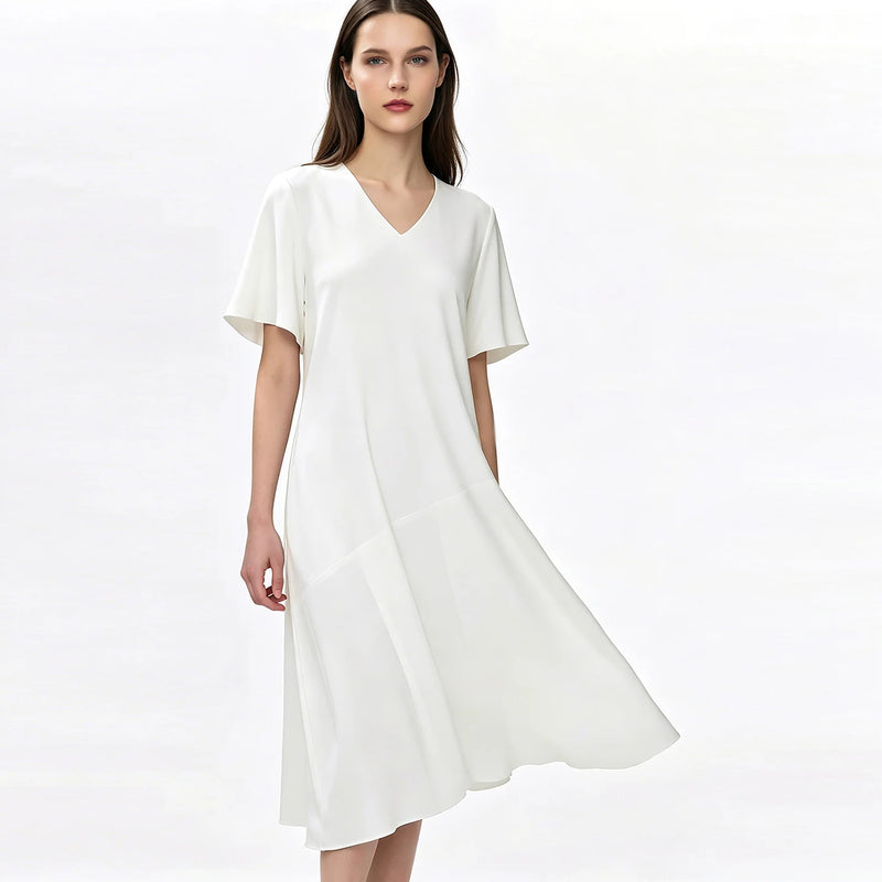 Amii Midi Dress Woman 2026 Summer New V Neck Loose Fit Asymmetric Hem Simple Office Casual Short Sleeve Dress For Women 12622137
