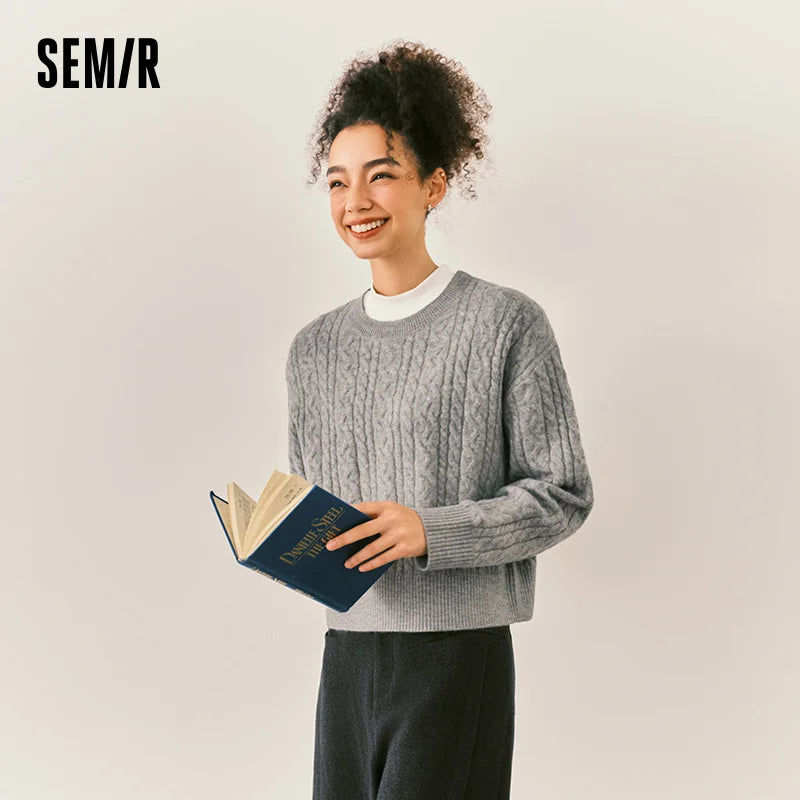 Semir Women Sweater Crew Neck Cropped Length Soft Touch 2026 Winter Warm Knit Everyday Style Layering Wear Clean Silhouette