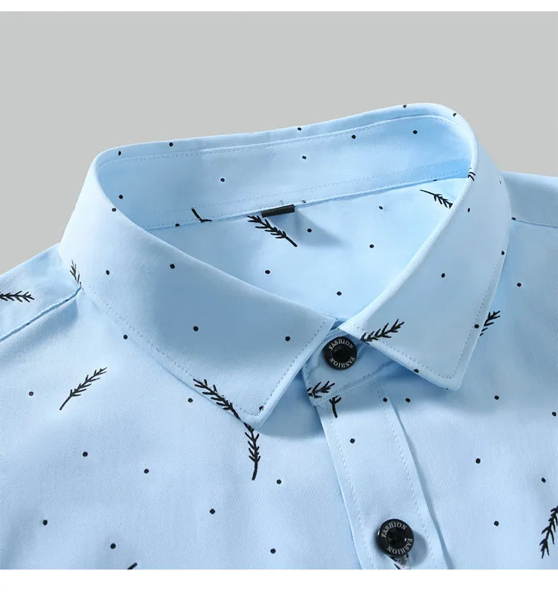 Men's Blue Long-sleeve Shirt with Feather-print Design; Thin Fabric Slim-fit Top in Asian Sizes. Available in Red or Black.