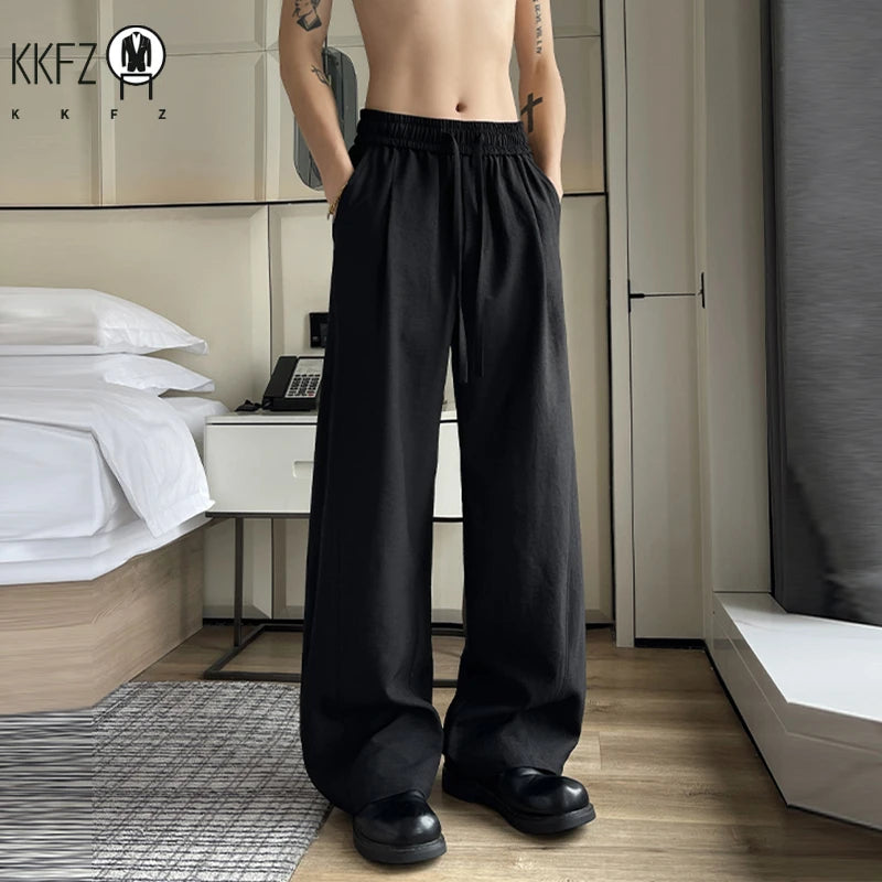 Breathable Linen Texture Wide Leg Trousers Men Elastic Drawstring Waist Side Pockets Versatile Everyday Summer Streetwear