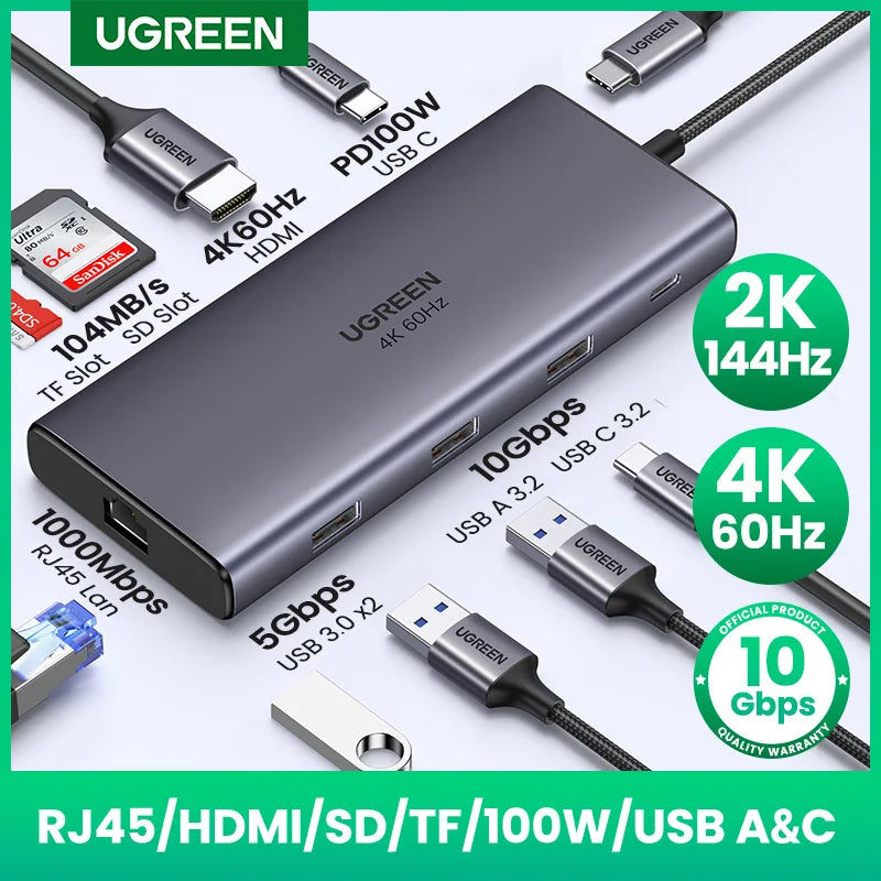 UGREEN USB-C HUB 9-in-1 Type-C to 4K60Hz HDMI 10Gbps Data 1000Mbps RJ45 PD100W SD&TF for Laptop Accessories MacBook DELL iPad HP