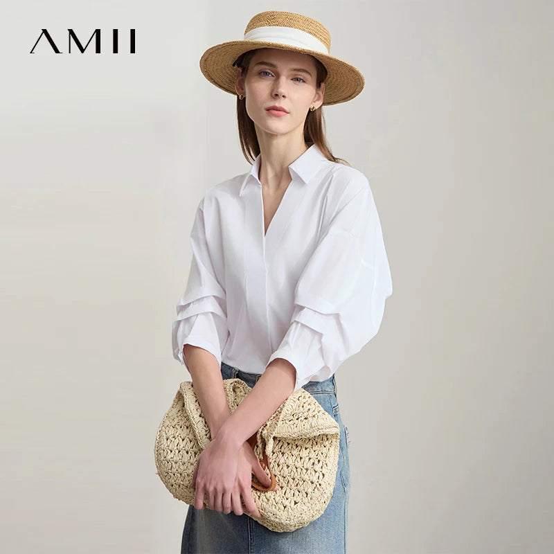 អាវ AMII រដូវក្តៅធម្មតាសម្រាប់ស្ត្រីឆ្នាំ ២០២៥ ក V ដៃអាវបីភាគបួន អាវស្ត្រីថ្មី អាវ chiffon រលុងសម្រាប់ស្ត្រីទាន់សម័យ 12512034