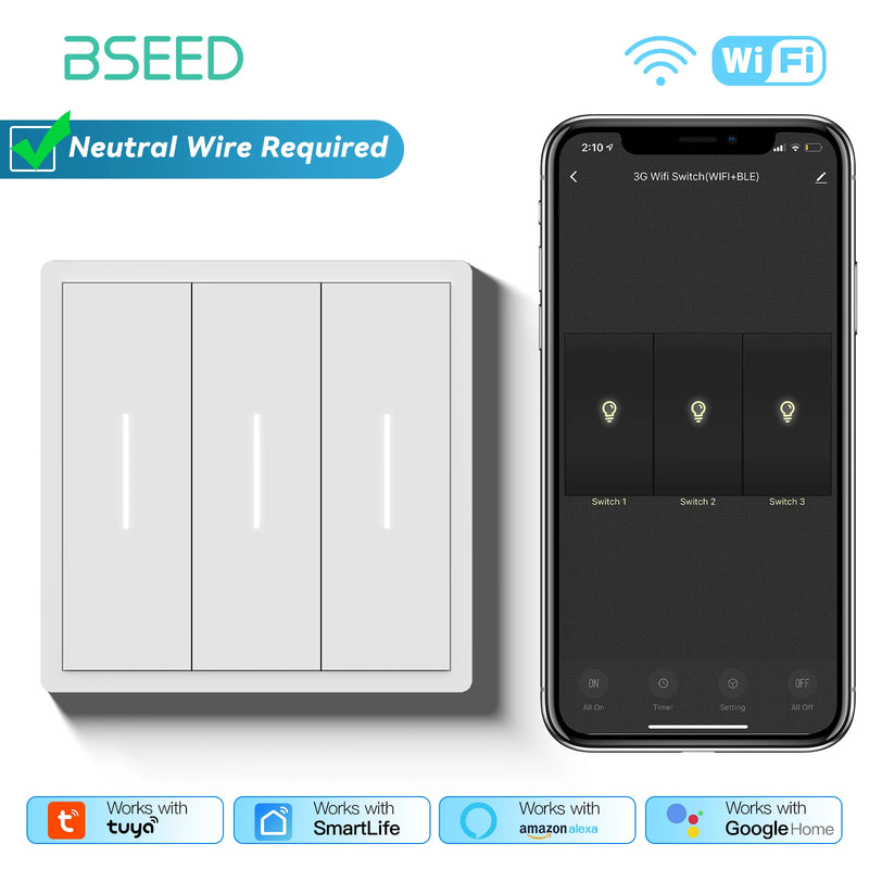 BSEED WIFI Button Switch 1/2/3/4Gang 2Way Smart Click Switch Smart EU Socket Plastic Frame Tuya Smart Life Alexa Voice Control