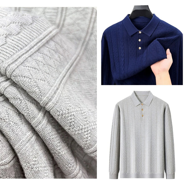 Men's Long Sleeve Waffle Knit Polo Shirt – 100% Cotton, Slim Fit, Business Casual Top for Autumn Winter