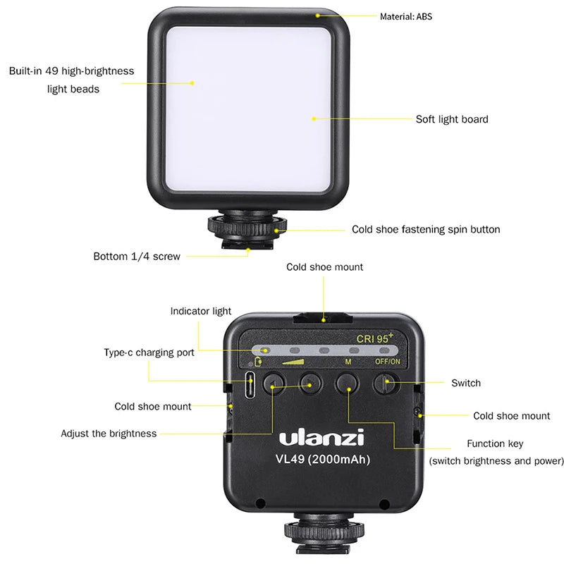 ភ្លើងវីដេអូ Ulanzi VL49 Mini LED 2000mAh CRI 95+ 5500K ភ្លើងថតរូបចល័ត Vlogger បំពេញជាមួយ Cold Shoe សម្រាប់កាមេរ៉ា DSLR