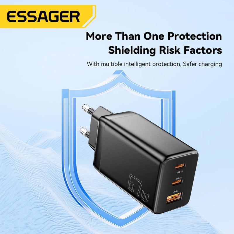 Essager 67W GaN USB Type C Charger PPS 65W Fast Charge For Samsung QC 4.0 PD 3.0 iPhone 17 16 15 Pro Huawei Phone Laptop Chagers