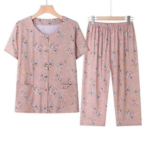ឈុតខោ Capri ដៃខ្លី XL-5XL ថ្មីសម្រាប់ម្តាយវ័យកណ្តាល pajamas កប្បាស Rayon គេងយប់សម្រាប់ស្ត្រី ឈុតពីរដុំ