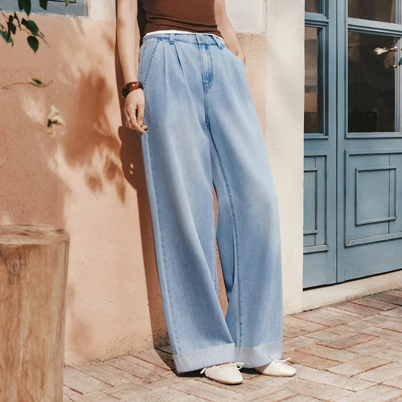 Semir Women Jeans Soft Cool Patchwork Striped Wide Leg Denim Pants 2026 Summer Trendy Loose