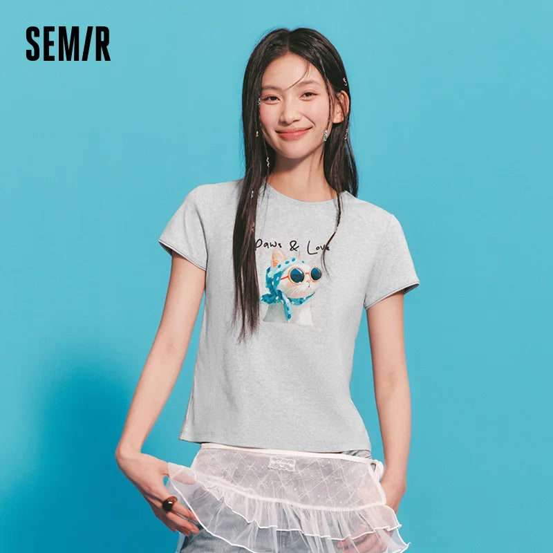 Semir Womens Tshirt 2026 Printed Slim Ruffle Edge Cute Petite Style Fashion Casual Daily Wear