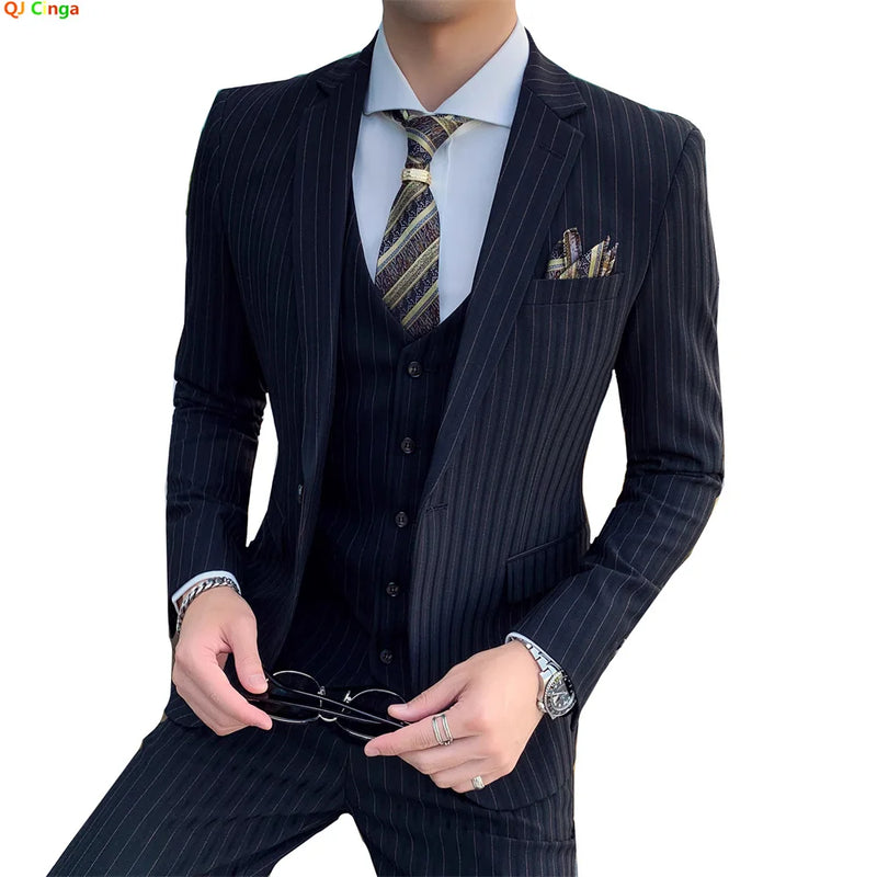 2026 Men Black Classic Striped/Checked Suits, Men's Business Office 3-Piece, Asian Size Slim Fit Sets, Blue/Gray Available