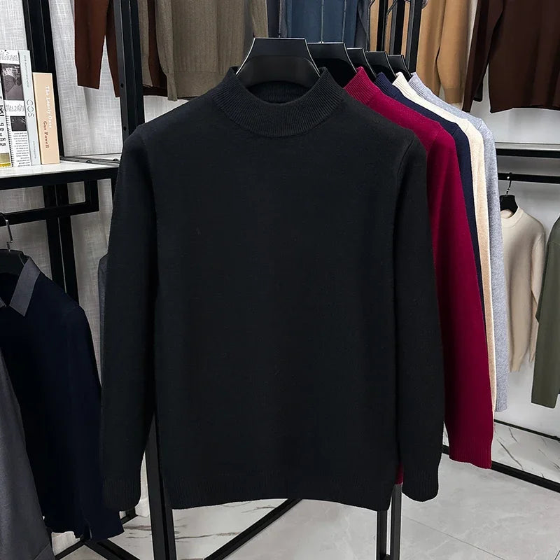 Daily Basic Knit Sweater Men Long Sleeve Mock Neck Rib Collar Autumn Walking Business Casual Pullover