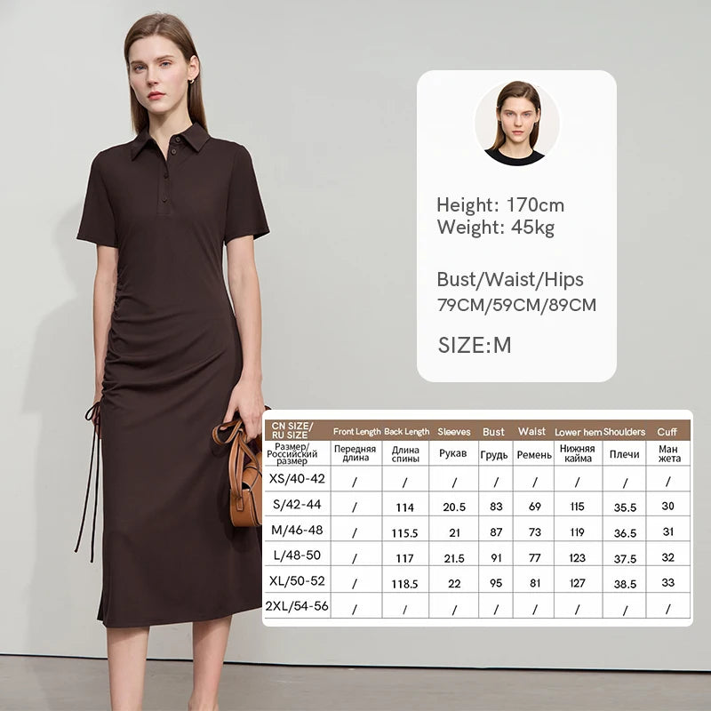 AMII Slim Dress Polo Collar Solid 2026 Summer Women Simple Knit Stretch Office Lady A Line Waist Short Sleeve Dresses 12542076