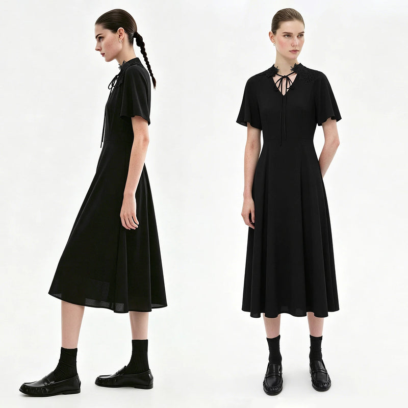 Amii Womens Dresses 2026 Summer New V-Neck Short Sleeve Chiffon Midi Dress Holiday Casual Lace Patchwork Woman Clothes 12622143