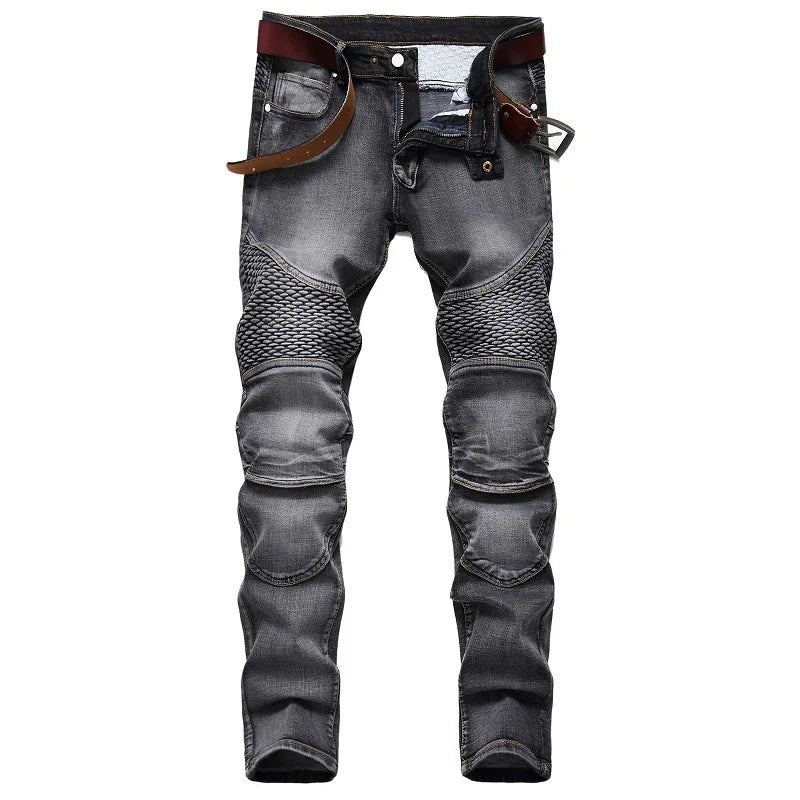 2026 Men's Blue Jeans, Gray Fashion Casual Trousers, Pleated Patchwork Decorative Denim Pants Asian Sizes 29-38, 40, 42.