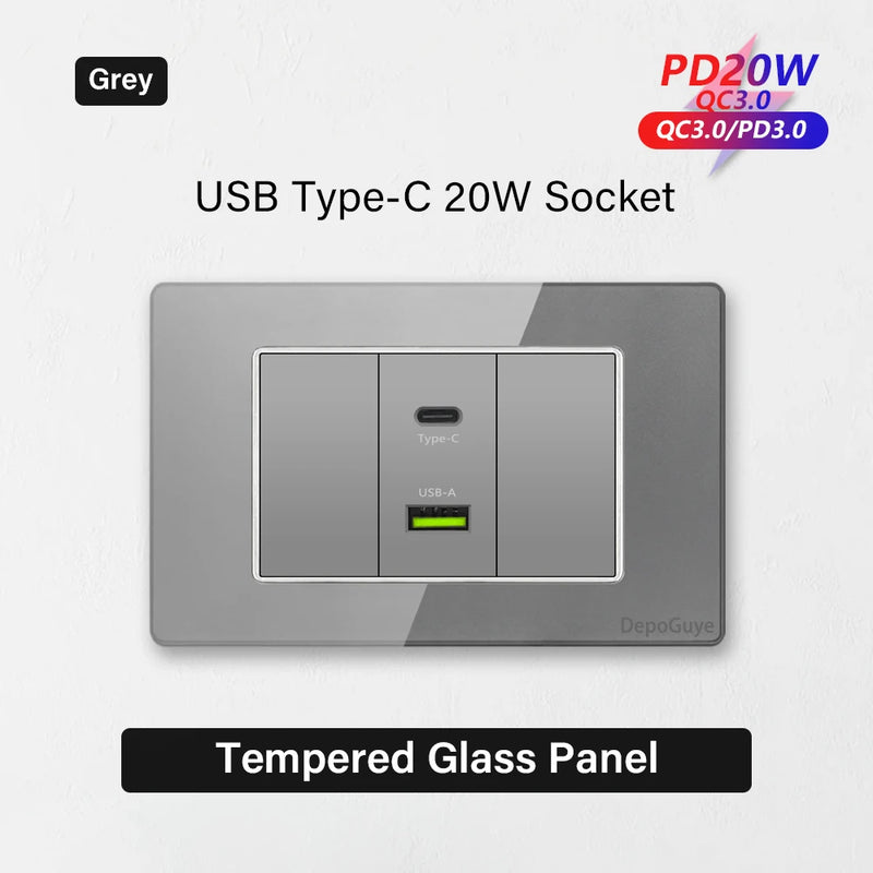 Type 118 White Black Grey Tempered Glass Wall Socket Panel 6 Charging port Triple USB Type C Wall Plug 3.1A 5V Outlet 118*75mm