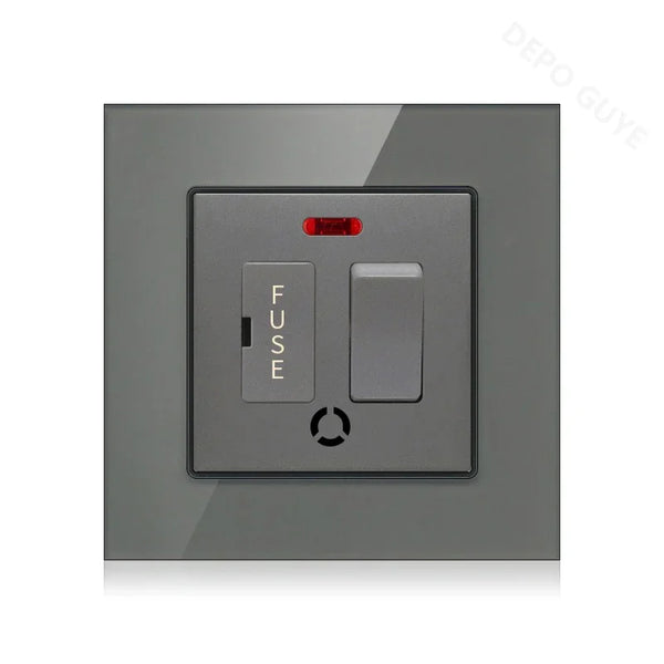 កុងតាក់ប្រភេទ UK 13A ចំនួន 86 ជាមួយហ្វុយស៊ីប កុងតាក់អគ្គិសនី ភ្លើង Spurs ណេអុង ខ្មៅ ស ប្រផេះ កញ្ចក់រឹងមាំ ហ្វុយស៊ីប បន្ទះកុងតាក់ជញ្ជាំង 13A