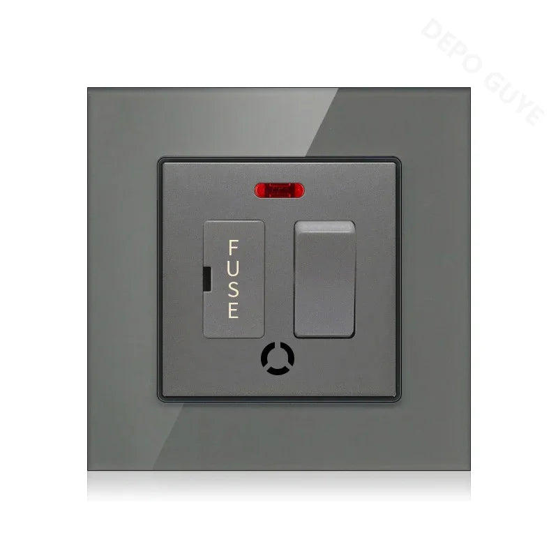 86 Type UK 13A Switch With Fuse Electrical Switch Light Spurs Neon Black White Grey Tempered glass Fuse 13A Wall Switch Panel