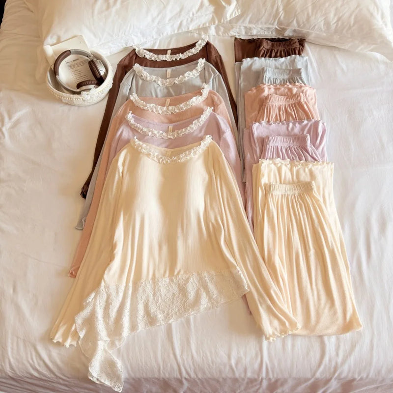 2 Piece Nighty Women's Pajamas Home Wear Chest Pads Pyjamas Autumn Long-Sleeve Top with Elastic Pants Nightwear Woman Sleepwear