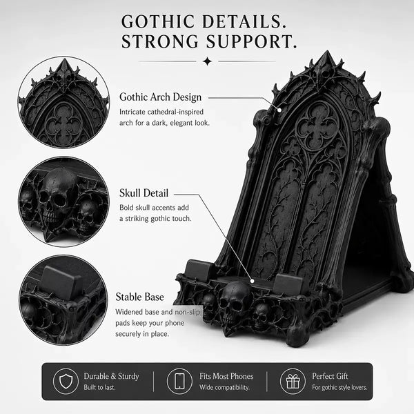 3D Printed Gothic Tracery Window Phone Stand, Dark Skull Ornament for Halloween, Desktop Holder for Phone & Tablet