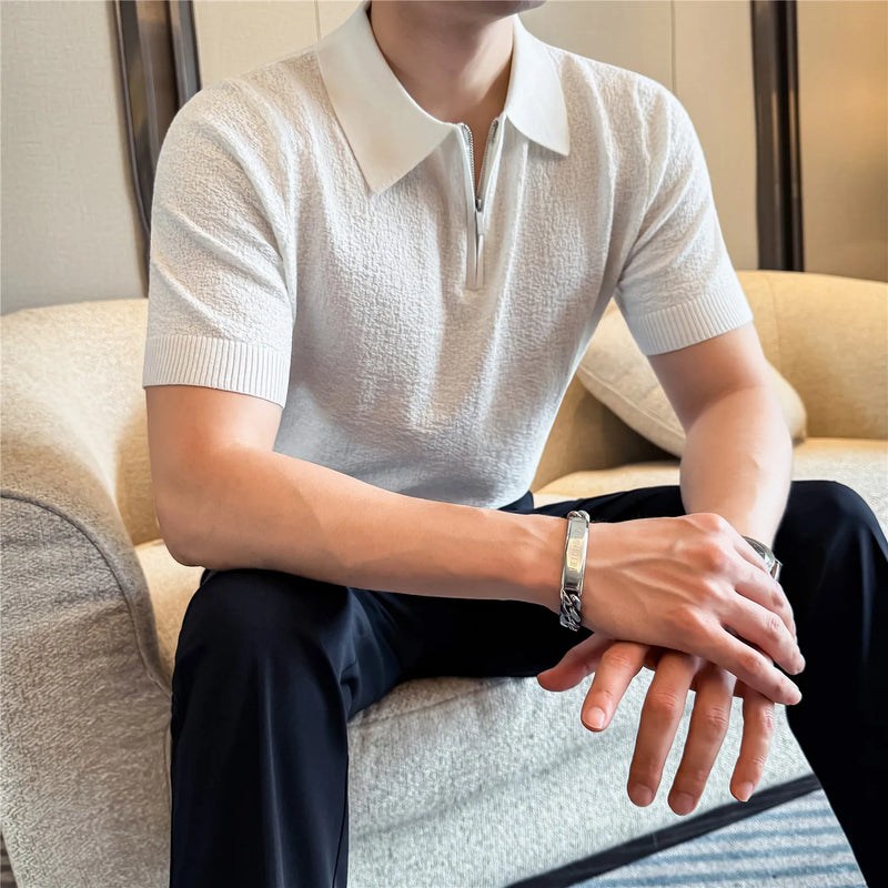 Men Summer Short Sleeve Half Zip Polo Shirt Old Money Style Knitted Jacquard Solid Color Smart Casual Top