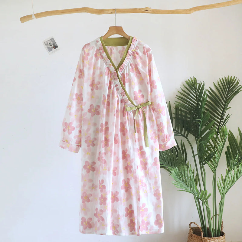 Pure Cotton Floral Robes For Woman Nightwear Sleepwear Soft Loungewear For Spring Autumn New Long-Sleeved Bathrobe Sleep Robe