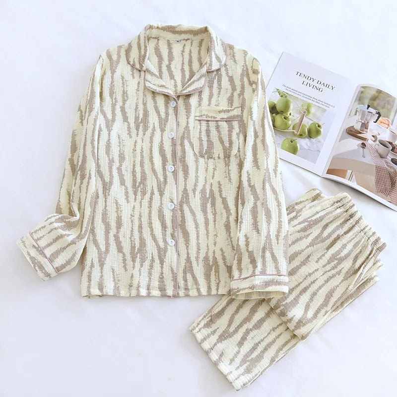 2026 Spring and Autumn Women's Pajama Set 100% Cotton Crepe Long sleeved Pants Two piece Cute and Sweet Ladies Home Fury Set