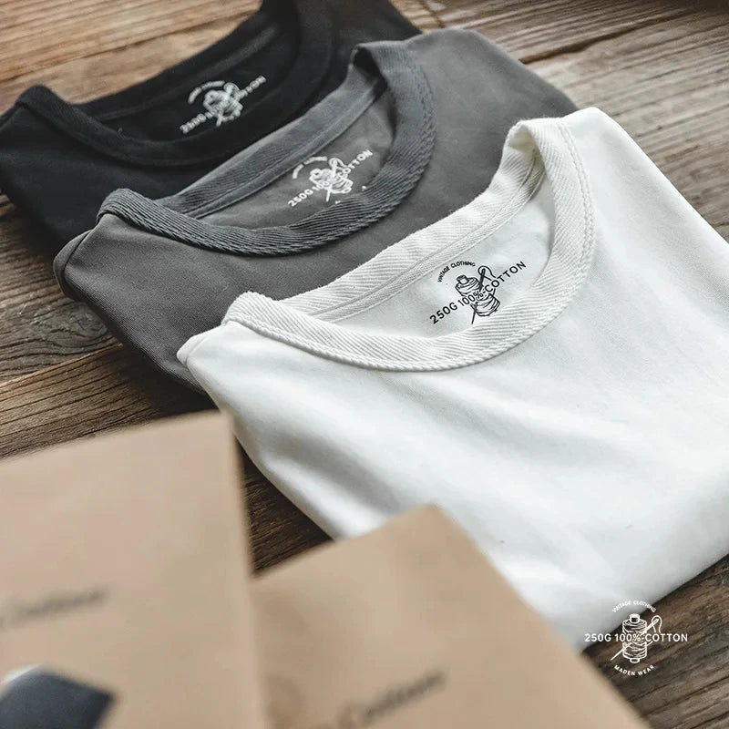 Maden Summer Solid Color Short Sleeve T-Shirts 100% Cotton Round Neck Tees with Rolled Edge Cuffs Casual Tops for Men