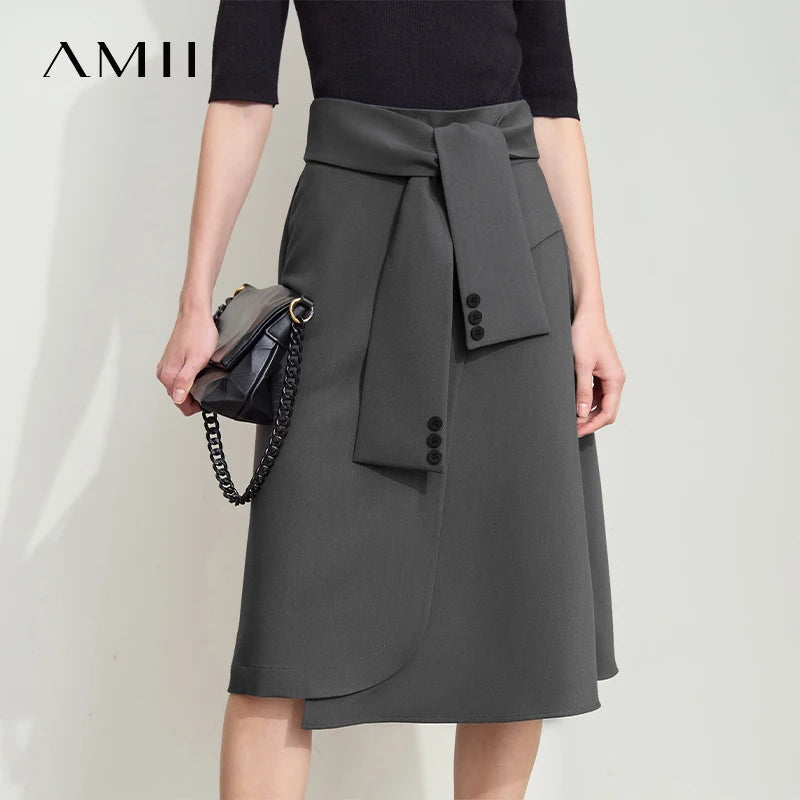 AMII សំពត់ថ្មី Minimalist សម្រាប់នារី រដូវក្តៅ ឆ្នាំ២០២៥ សំពត់រាងអក្សរ A ប្រវែងមធ្យម រលុង មិនស្មើគ្នា ម៉ូដសម្រាប់នារីការិយាល័យ 12542045
