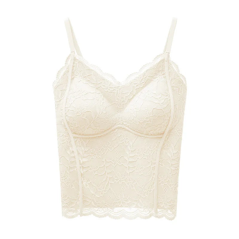 Sexy Slim-fitting French Lace Sling Vest for Women Fixed Cup Double Breasts Gathered Inner Top One Piece Sleepwear Pajamas