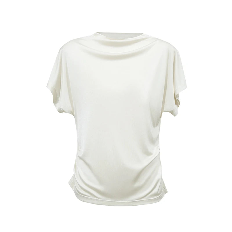 Amii Women's T-shirt 2026 Summer New Mock Cowl Neck Dolman Sleeve Shirred Tops Woman Elegant Acetate Office Casual Tees 12622221