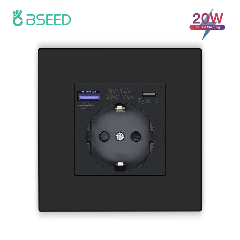 BSEED EU Standard Wall Socket Single Power Outlets USB Type-C Port 20W Fast Charge Plastic Panel Triple Electric Plugs 16A