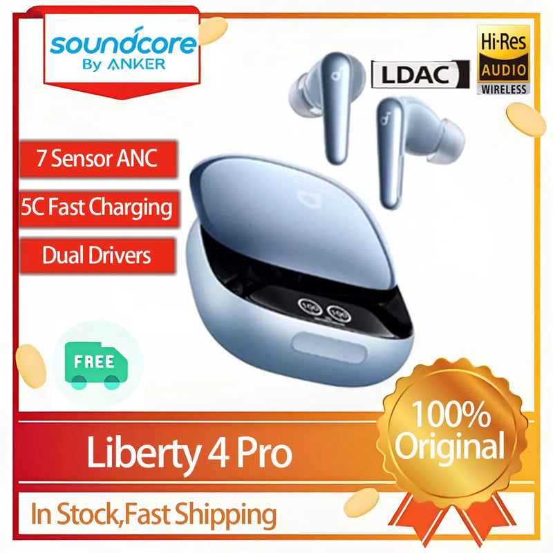 កាសស្តាប់ត្រចៀក Soundcore Original Liberty 4 Pro កែសម្រួលកម្រិត ANC ជាមួយ Touch Bar Bluetooth 5.3 TWS មានមីក្រូហ្វូន 6 គ្រាប់ ការហៅទូរស័ព្ទច្បាស់ កាស IPX5