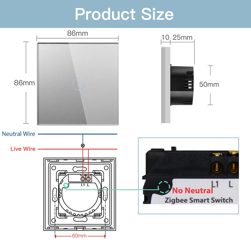 BSEED Zigbee Smart Switch 1/2/3Gang 1/2/3Way Smart Touch Light Switch Work With Tuya Smart Life Blue Backlight No Neutral Line