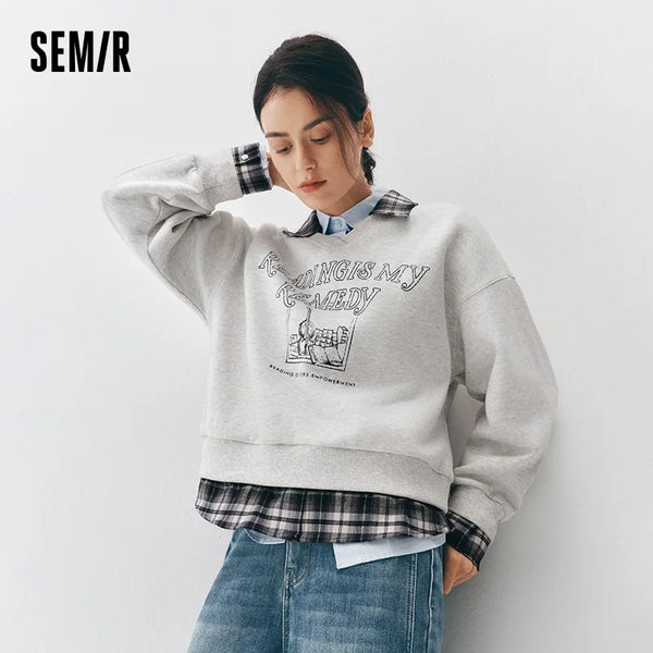 អាវយឺត Semir សម្រាប់នារី មានស្រទាប់ក្រណាត់រោមចៀម កអាវបត់ចុះក្រោម រចនាបថបែប Retro ឆ្នាំ២០២៦ ស្លៀកជាស្រទាប់ៗសម្រាប់រដូវរងា ពាក់ជារៀងរាល់ថ្ងៃ