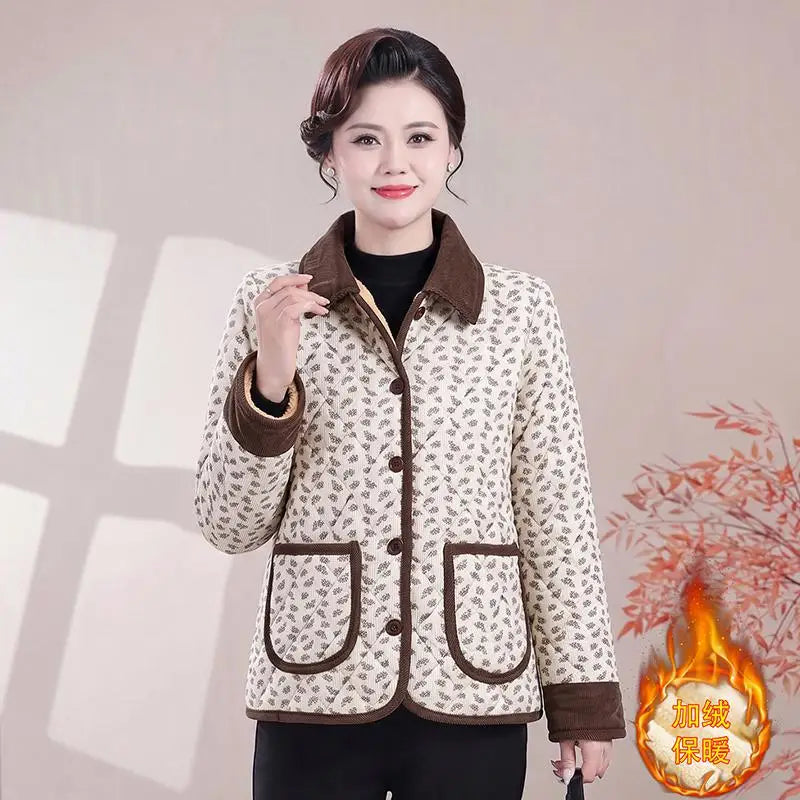 អាវក្រៅថ្មីសម្រាប់ស្ត្រីវ័យកណ្តាល និងវ័យចំណាស់ បន្ថែមក្រណាត់ក្រាស់ ធ្វើពីកប្បាស ក្តៅ និងទន់ ពាក់ក្នុងរដូវរងា